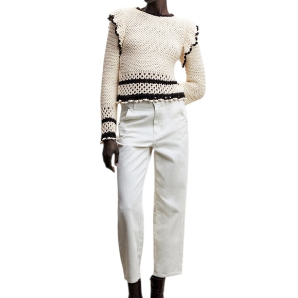 Mango Sweater with Crochet Ruffled Openwork Details Beige Size M - Picture 13 of 13